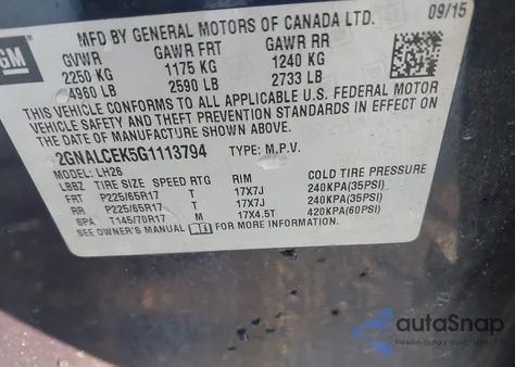 2016 Chevrolet Equinox Lt из США, поврежденный, VIN 2GNALCEK5G1113794